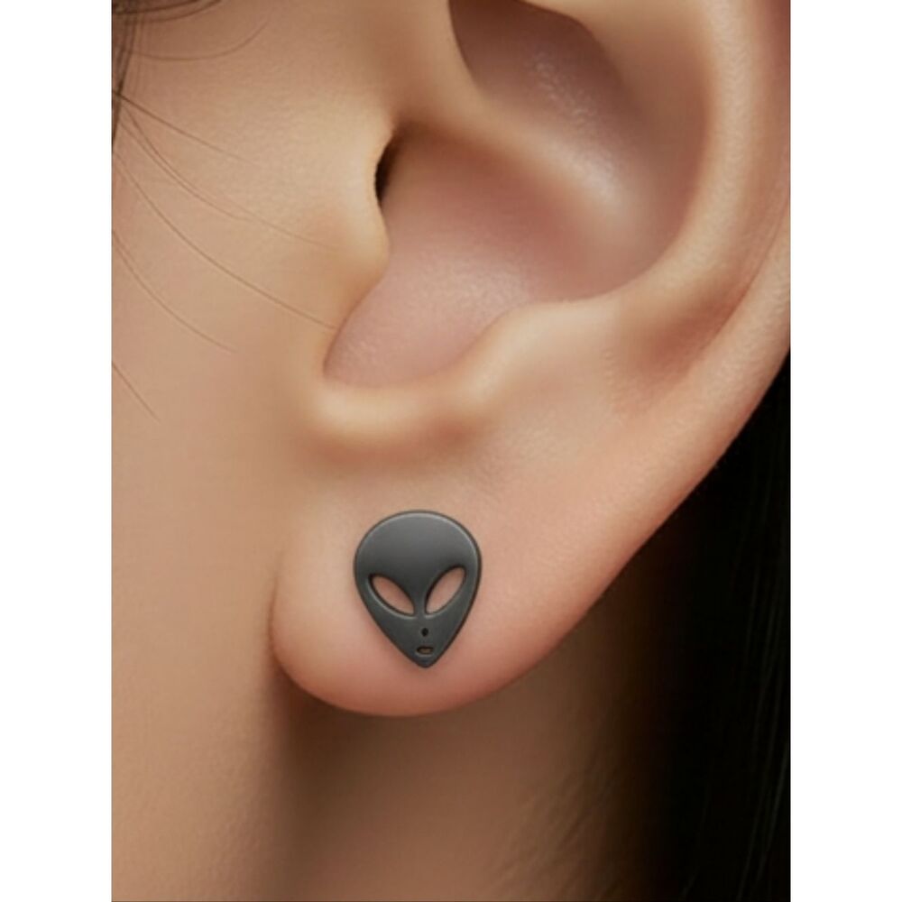 Tiny Black Alien Stud Earrings Stainless Steel UFO Space Goth Weird Paranormal
